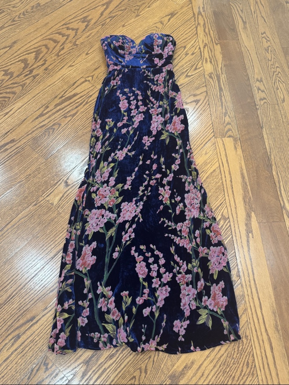 Lulu's Navy Velvet Strapless Floral Maxi Dress with Pink Blossoms